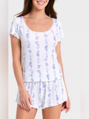 Auden Ribbed Short Sleeve Shirt and Shorts Pajama Set Blue Floral XL NWOT